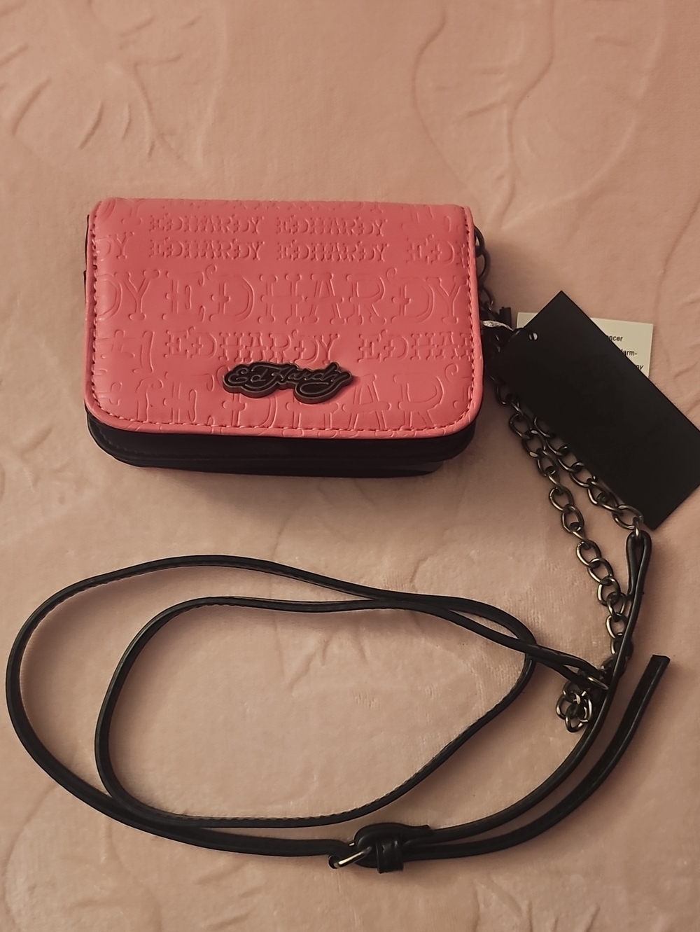 Ed Hardy Pink Embossed Crossbody Bag/wallet with Black Trim and Chain